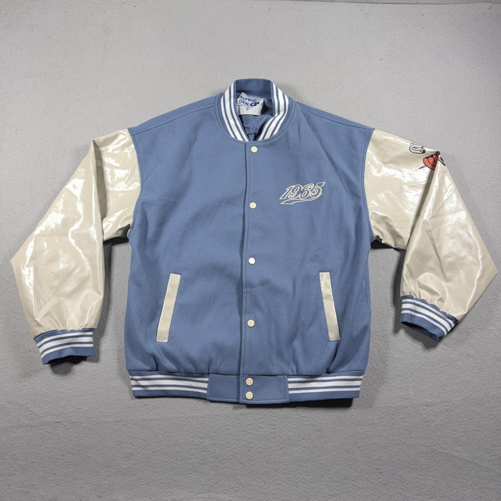 Elfric Eden Varsity Jacket Men XL Blue 1965 Heart Graphic Retro Cream Sleeves